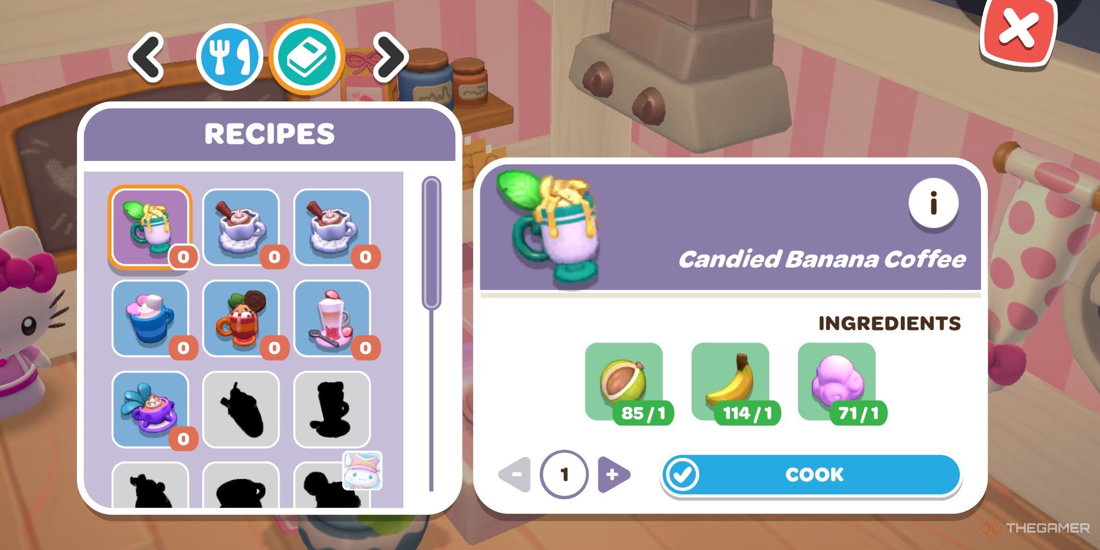 A player looking at the Candied Banana Coffee recipe in Hello Kitty Island Advenure.