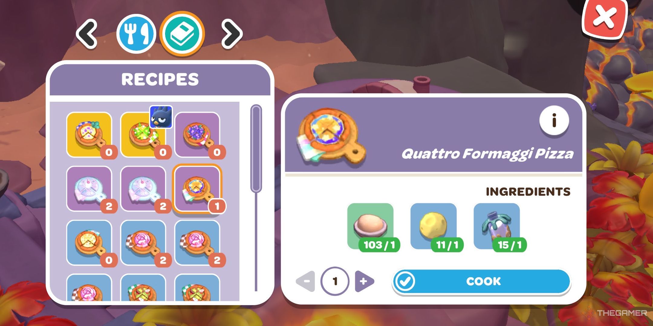 A player looking at the Quattro Formaggi Pizza recipe in Hello Kitty Island Advenure.