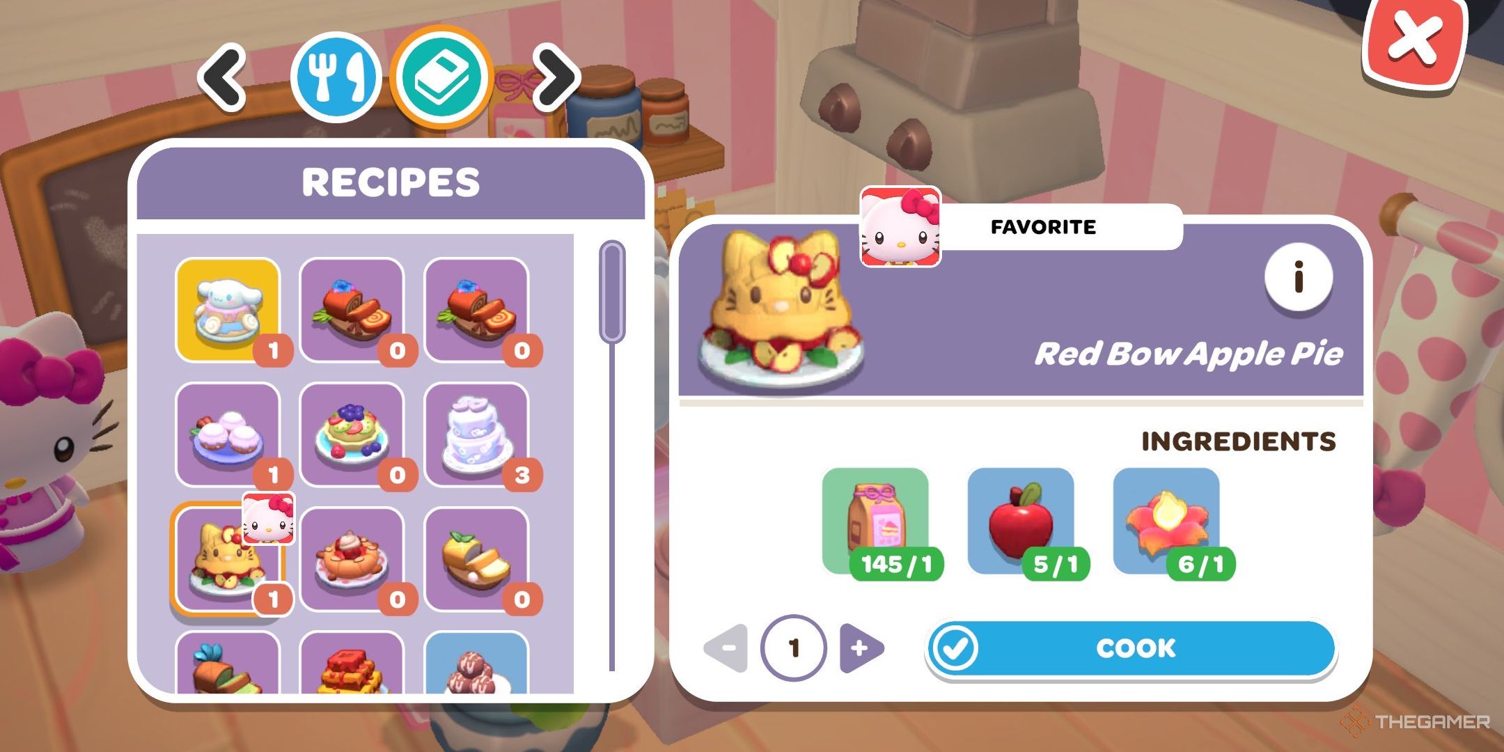 A player looking at the Red Bow Apple Pie recipe in Hello Kitty Island Advenure.