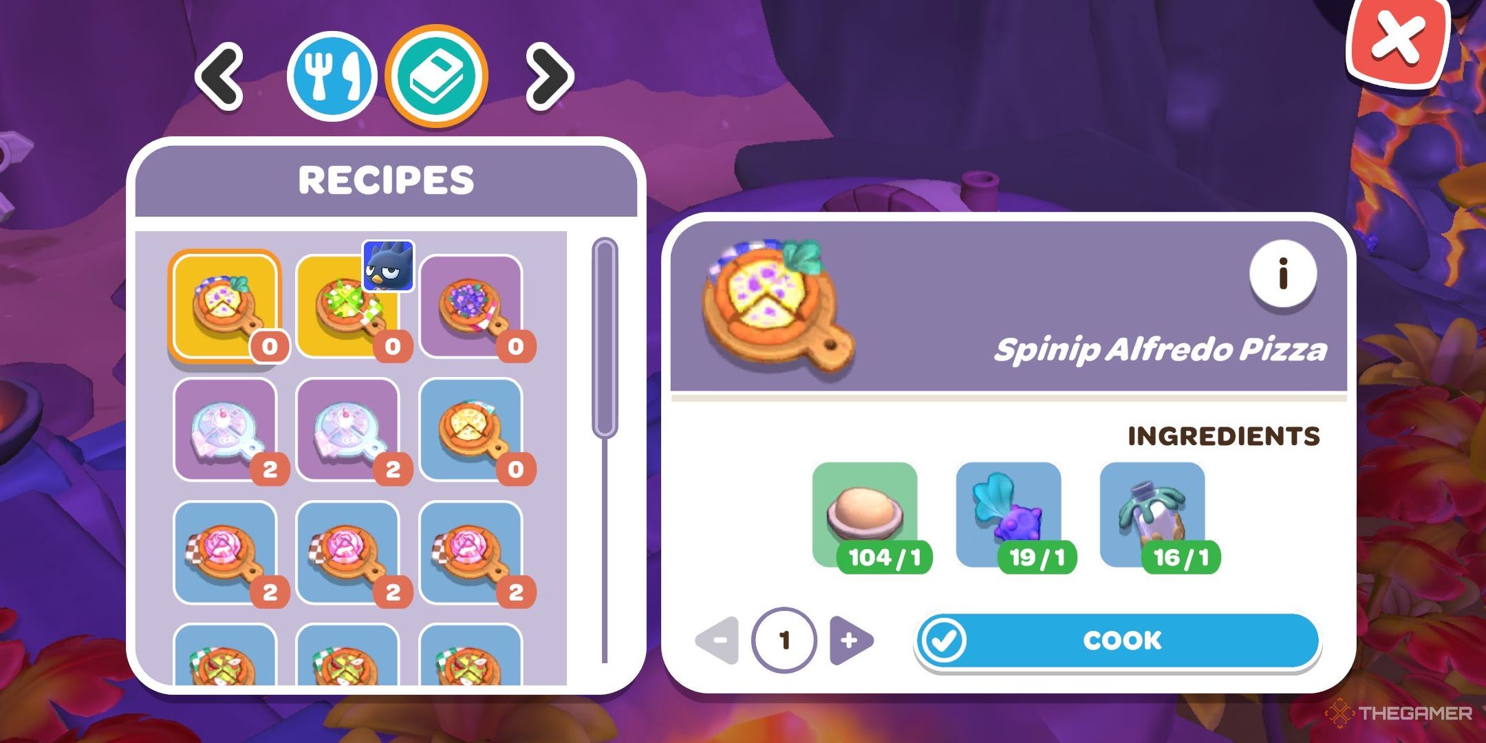 A player looking at the Spinip Alfredo Pizza recipe in Hello Kitty Island Advenure.