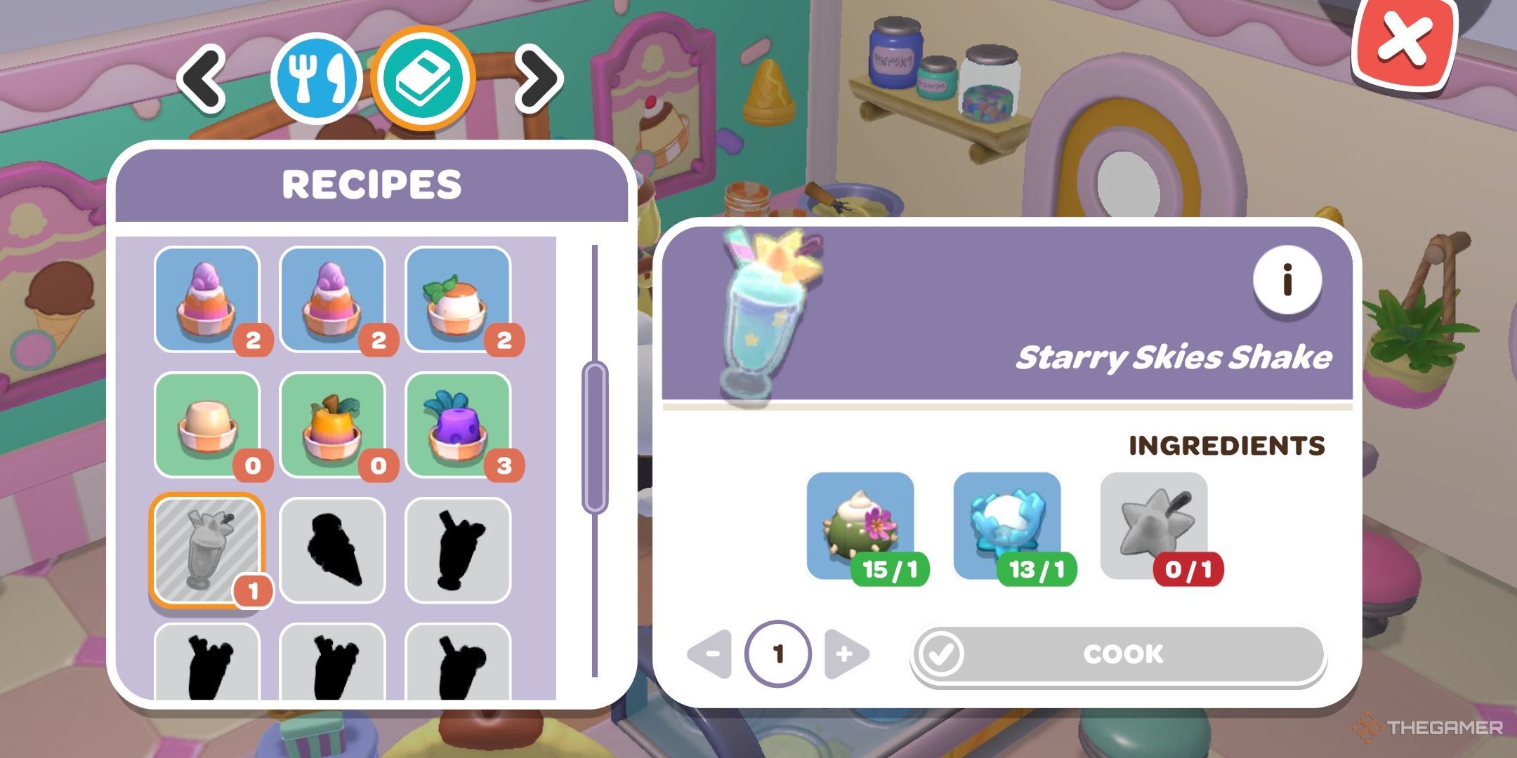 A player looking at the Starry Skies Shake recipe in Hello Kitty Island Advenure.