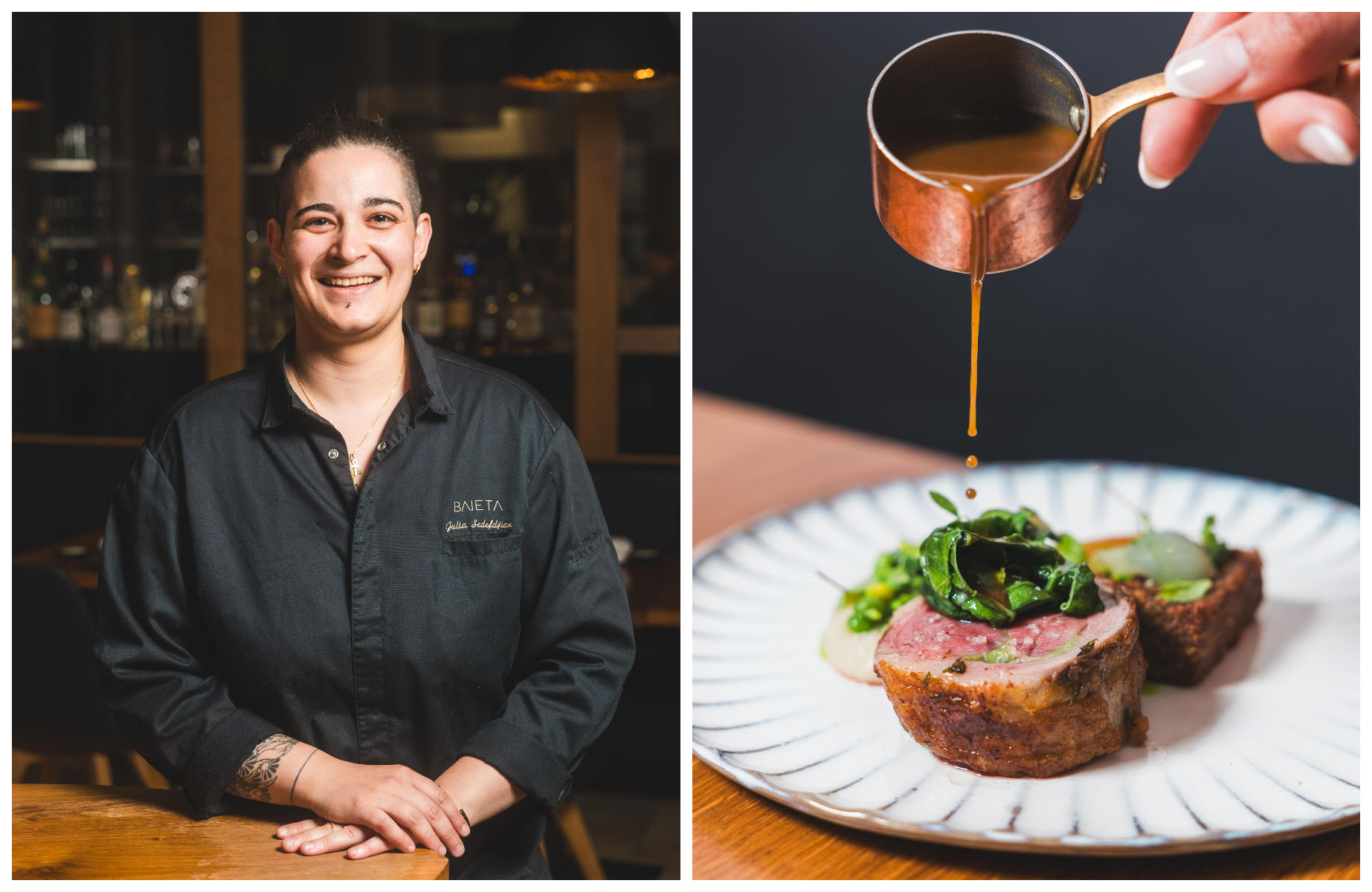 Chef Julia Sedefdjian and a heart-warming beef dish at Baieta. (©ROCH DEBACHE/Baieta)