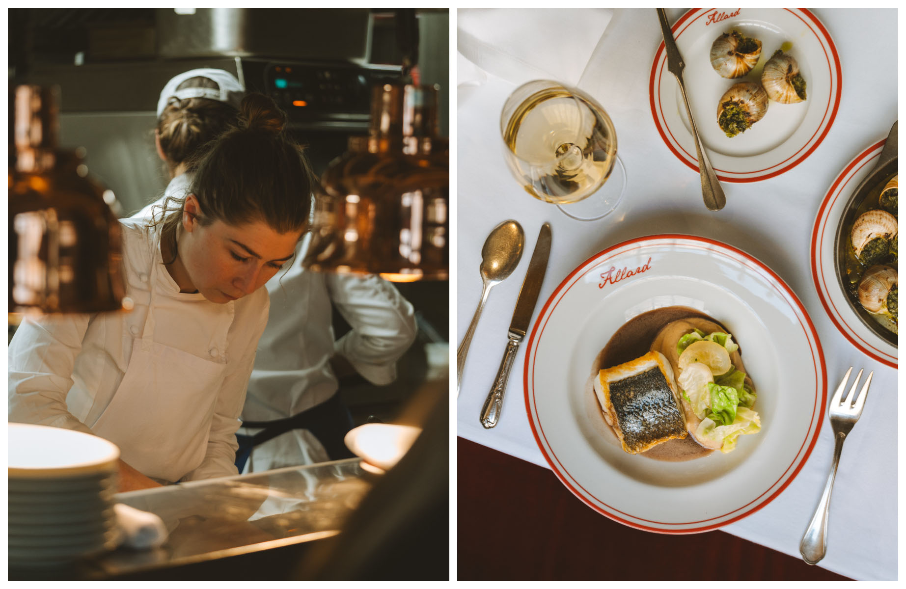 Chef Lisa Desforges in action at 1930s bistro Allard, which is part of the Alain Ducasse group, offering heart-warming dishes like roasted seabass and escargots. (©Joann Pai)