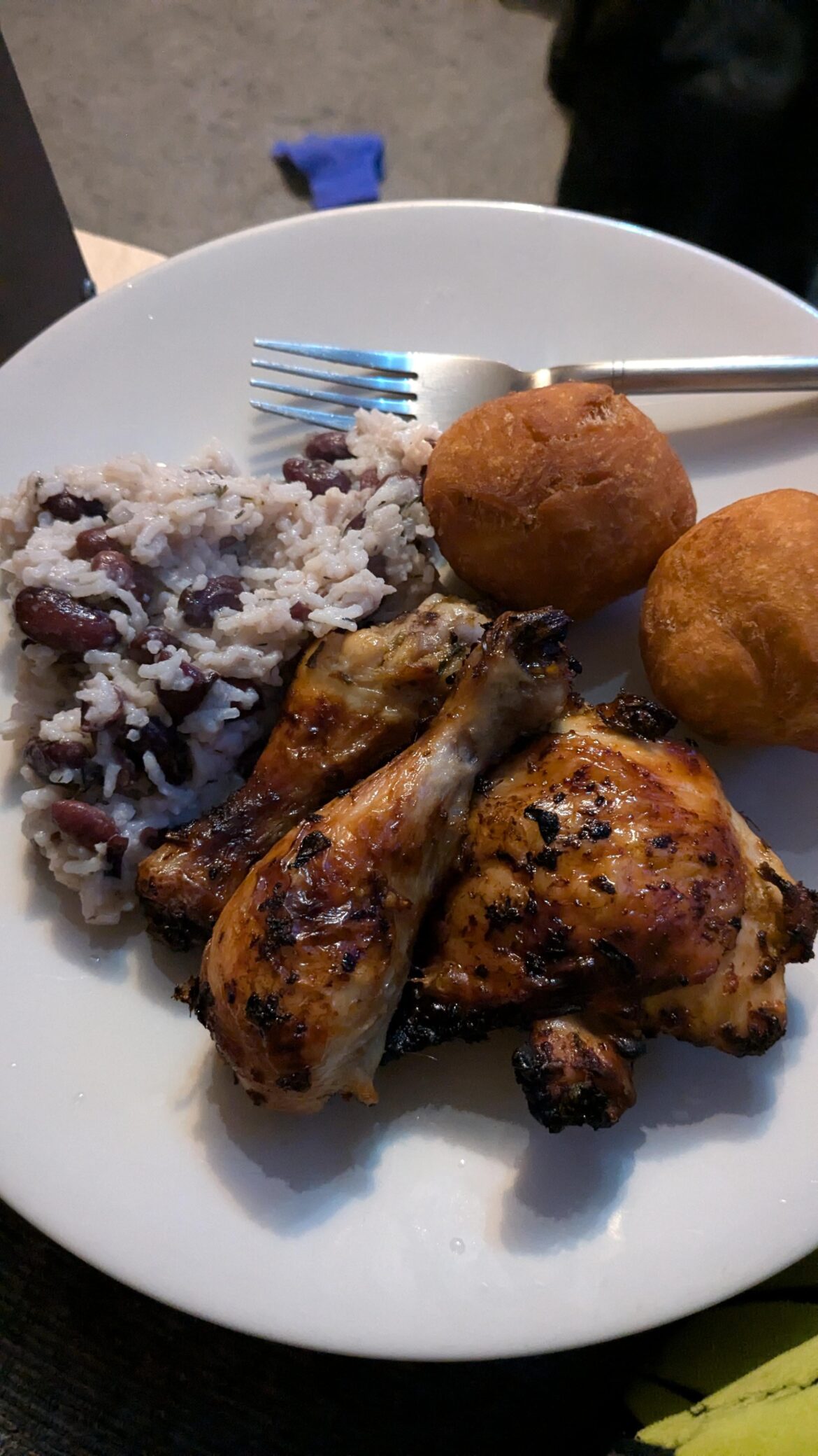 Jamaican jerk chicken, rice and peas and sourdough dumplings