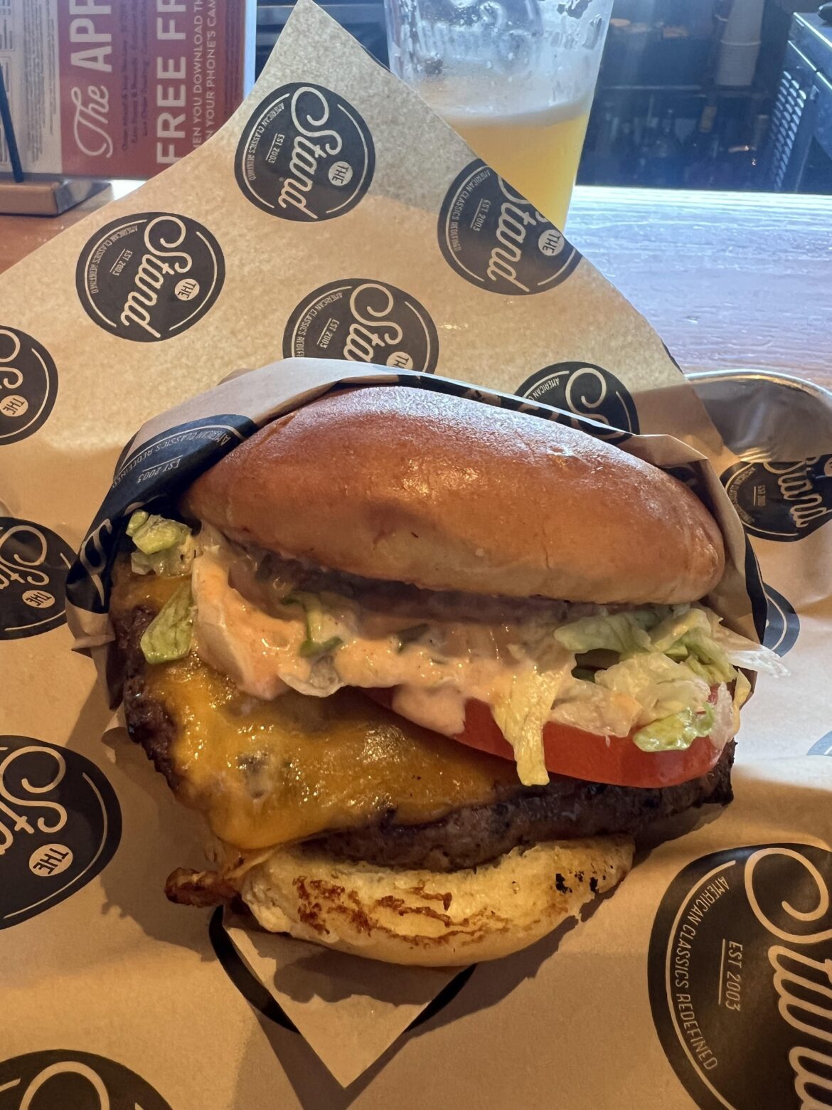 Stand Burger with Cheddar and a hazy IPA