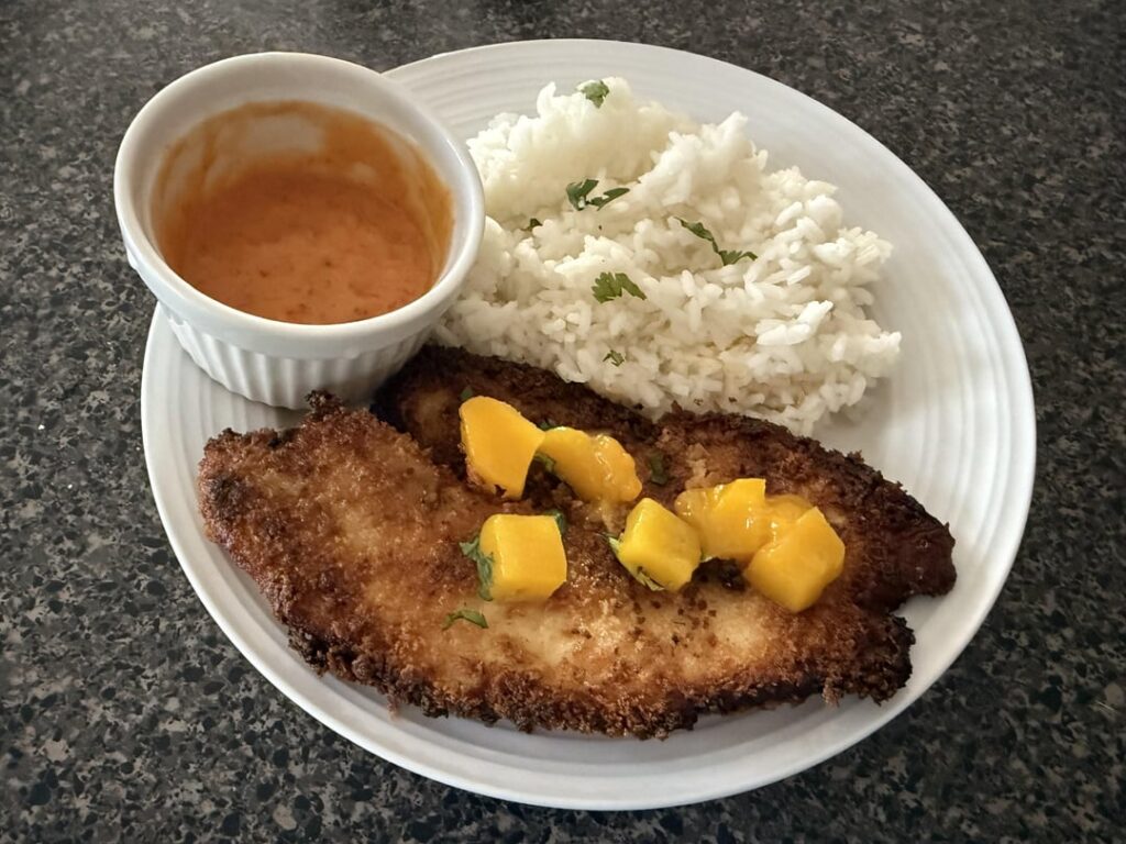 Caribbean Style Panko-Crusted Tilapia…sauce was excellent!! Review Below ⬇️