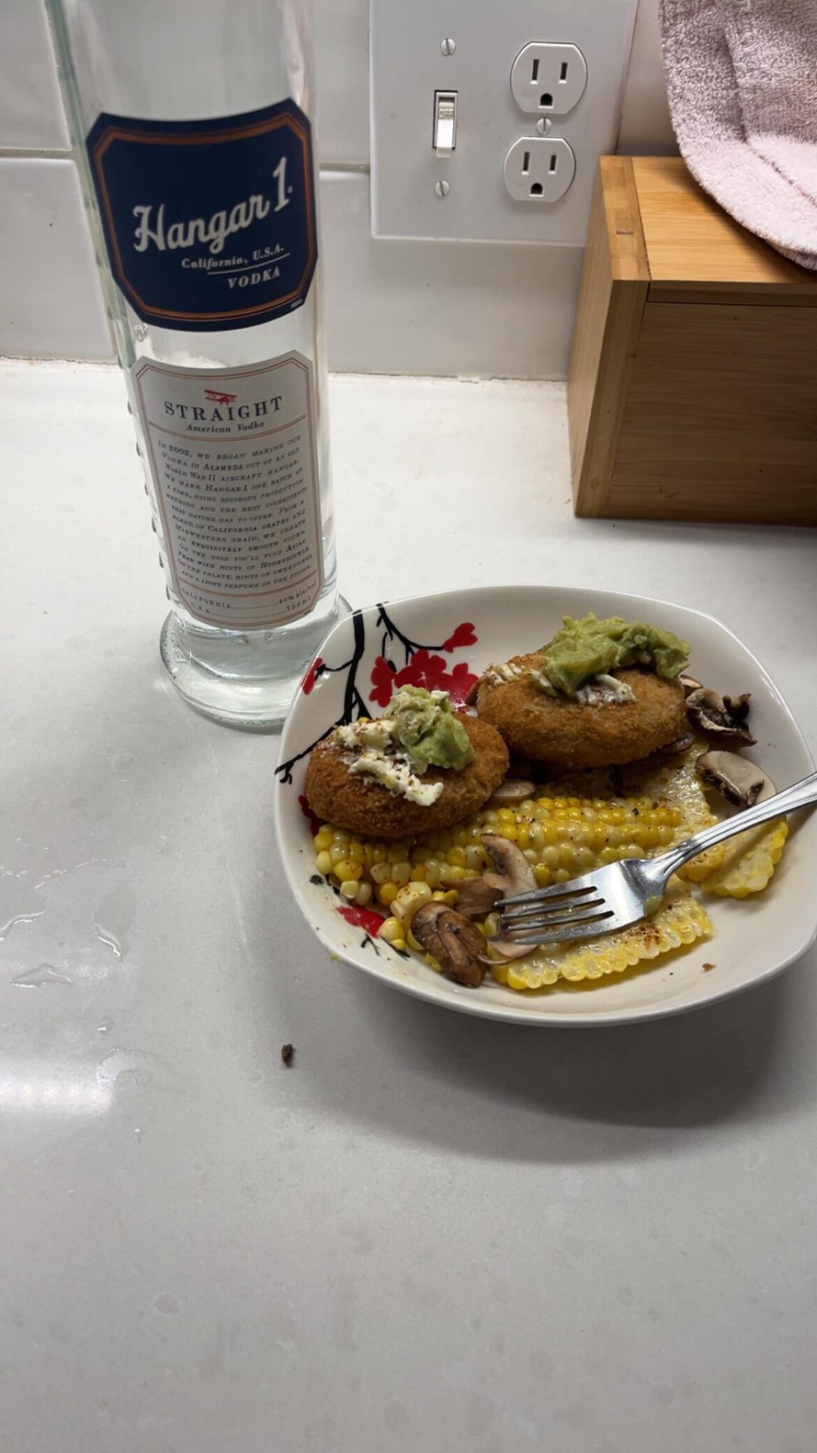 Crabcakes and corn with some smooth sipping vodka