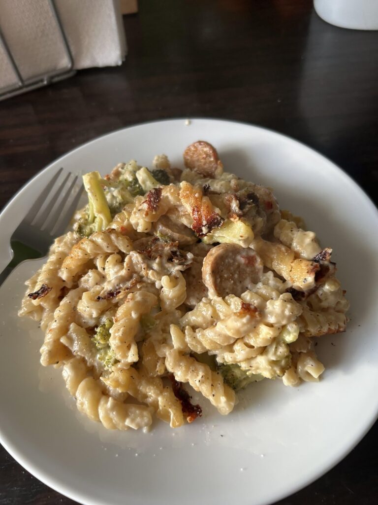 Dinner for 600: chicken sausage, broccoli, alfredo pasta