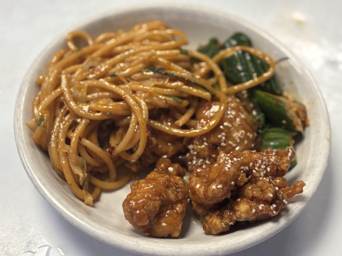 Cooked staff lunch today.  We got an A inspection. Orange chicken, cabbage garlic noodles, sichuan cucumber salad.
