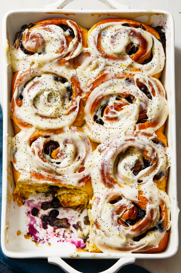 blueberry sweet rolls with lemon in a baking dish