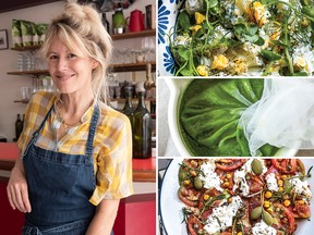 Clockwise from left: chef and cookbook author Carrie Solomon, potato salad with tzatziki and fennel, ramp leaf oil (or green herb oil) and tomato carpaccio with crispy chickpeas, stracciatella and fried rosemary