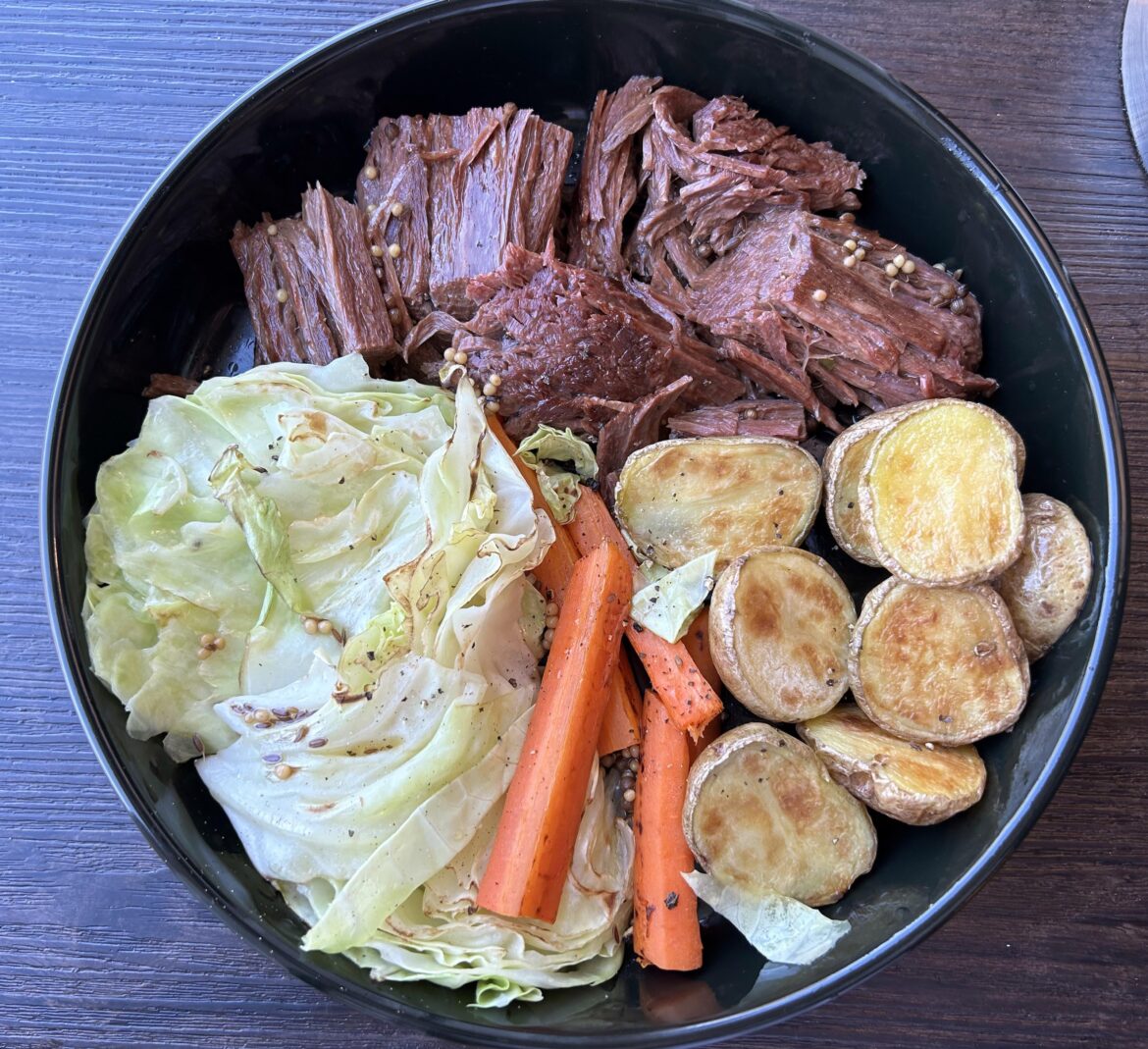 377 cal, 36 g protein. Vegan corned beef with cabbage, carrots, and pan fried potatoes