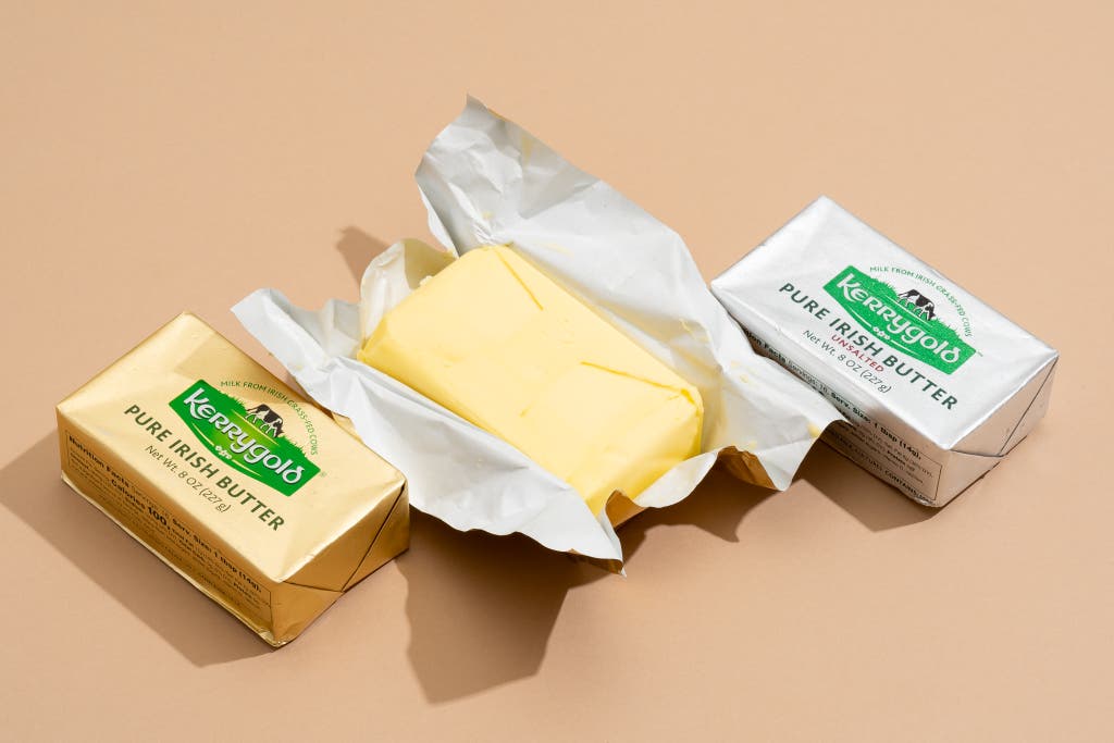 A pack Kerrygold Salted and a pack of Kerrygold Unsalted butter, our picks for best butter for eating and baking.