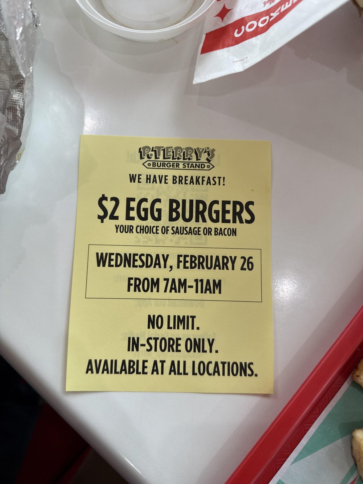 P terry $2 egg burgers Wednesday