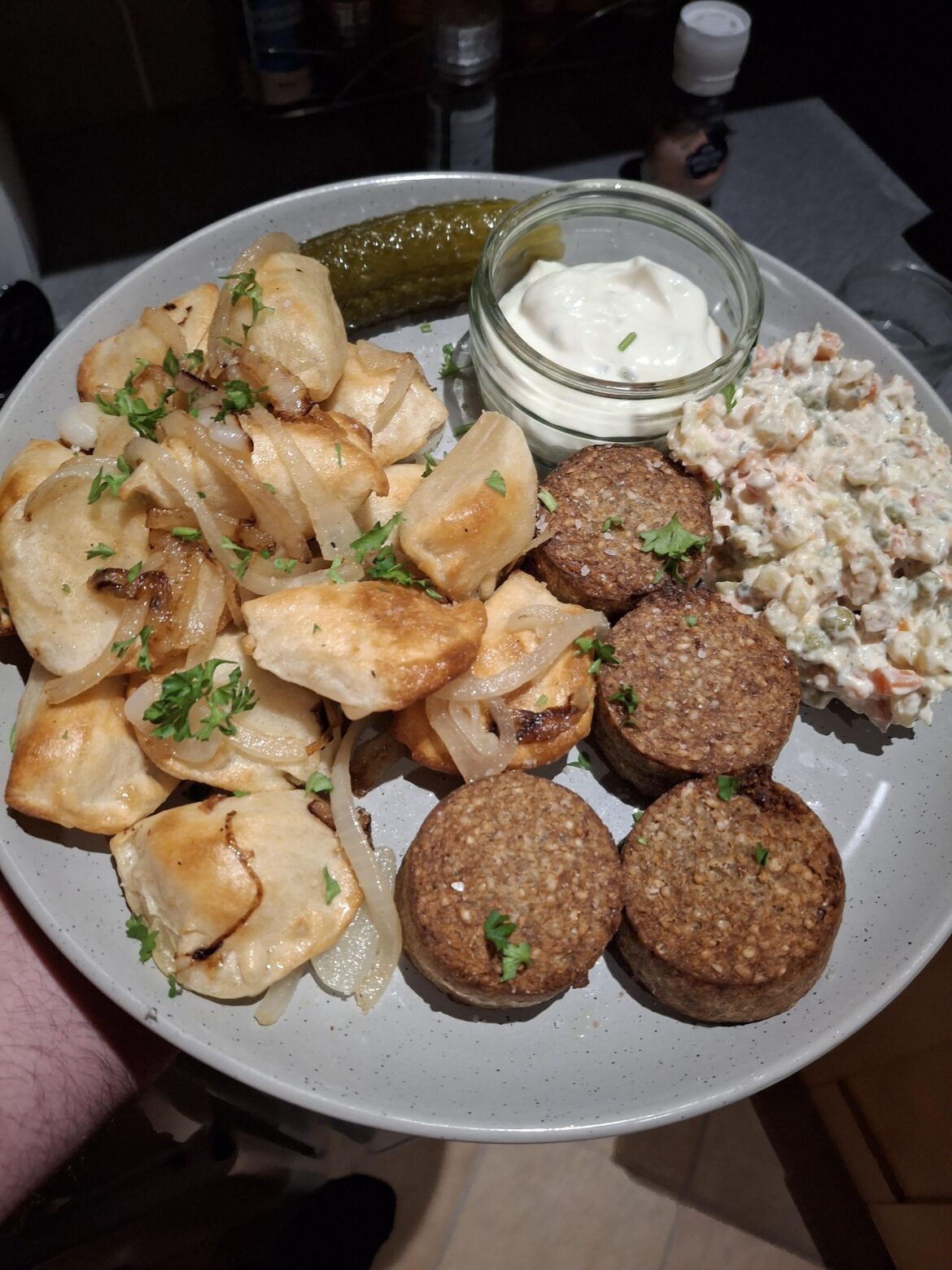 Pierogi paired with white pudding, I did it last week with black pudding, but white works much better!