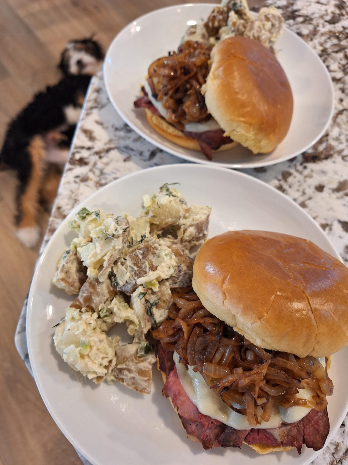 Roast beef and cheese with caramelized onions