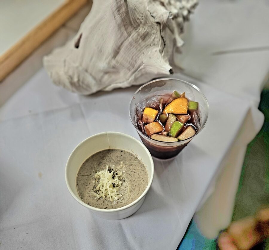 a bowl of food sitting on top of a table