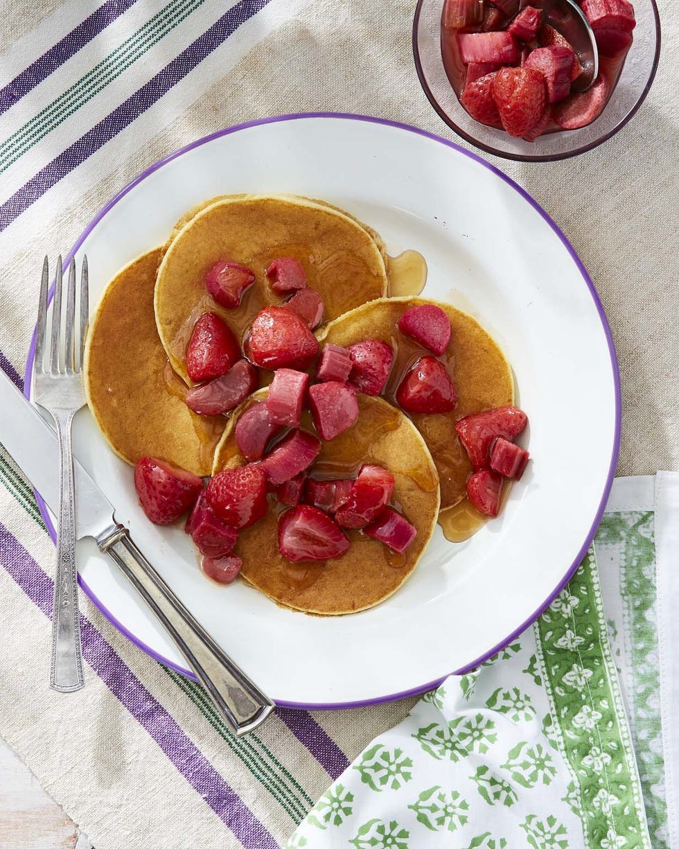 ricotta pancakes with roasted maple rhubarb and strawberries