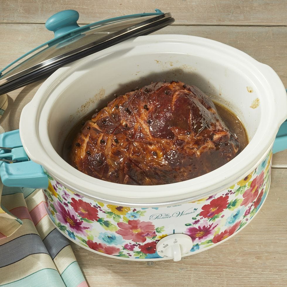slow cooker ham in floral pioneer woman slow cooker