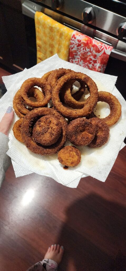 Favorite way to do onion rings, leave middle slices whole.