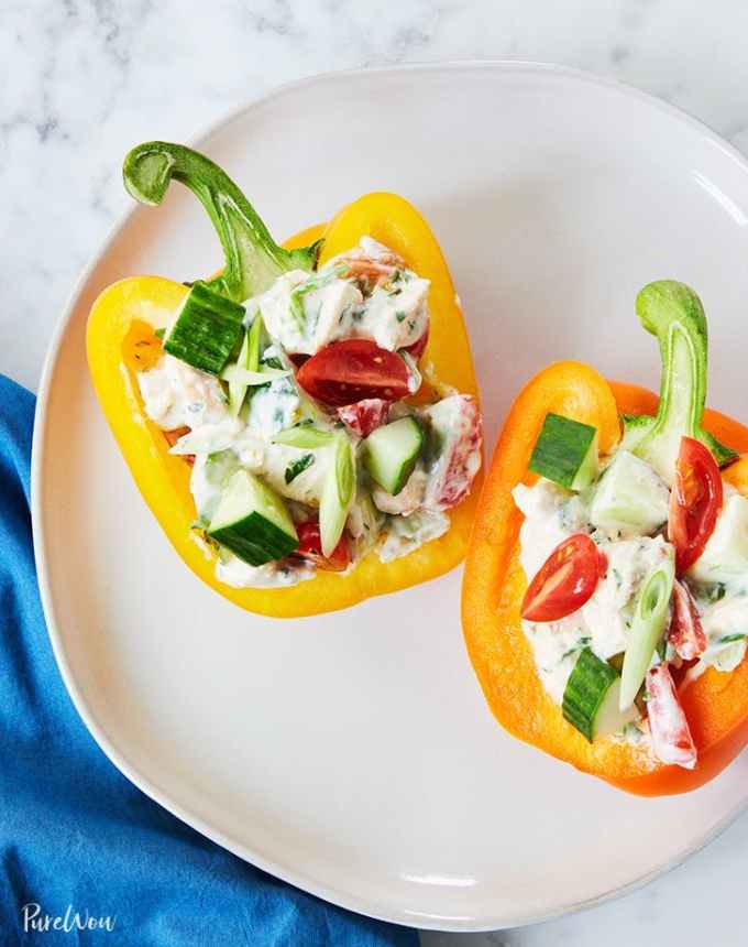 clean eating dinner recipes: Greek yogurt chicken salad stuffed peppers