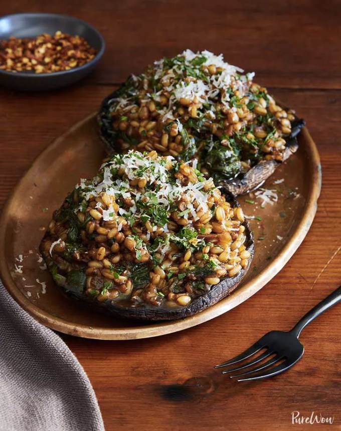 clean eating dinner recipes: portobello mushrooms stuffed with barley risotto