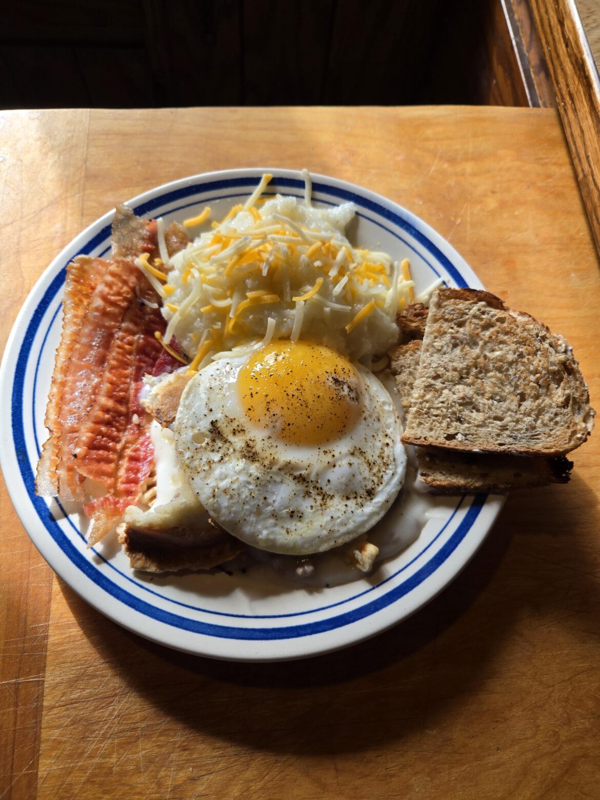 Duck egg on a sausage gravy pot pie.