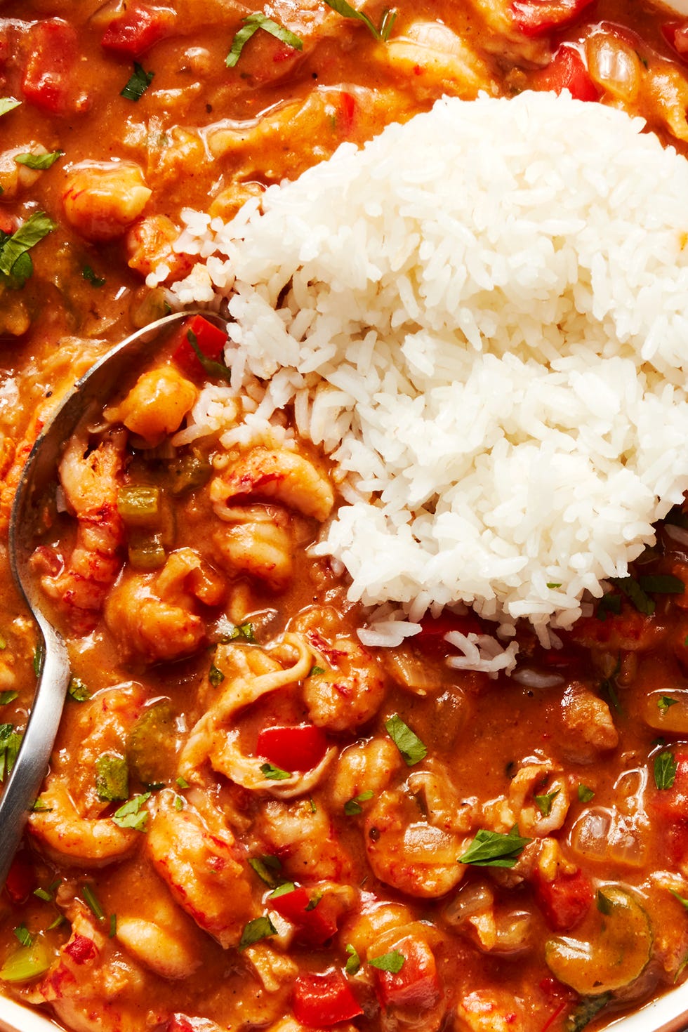 crawfish étouffée served with white rice and parsley