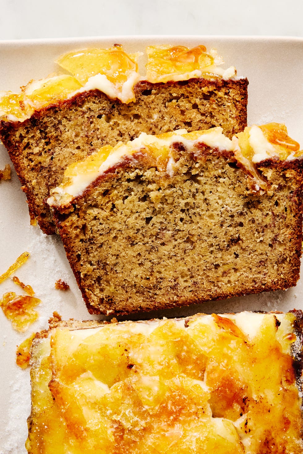 banana bread with a bruleed sugar topping