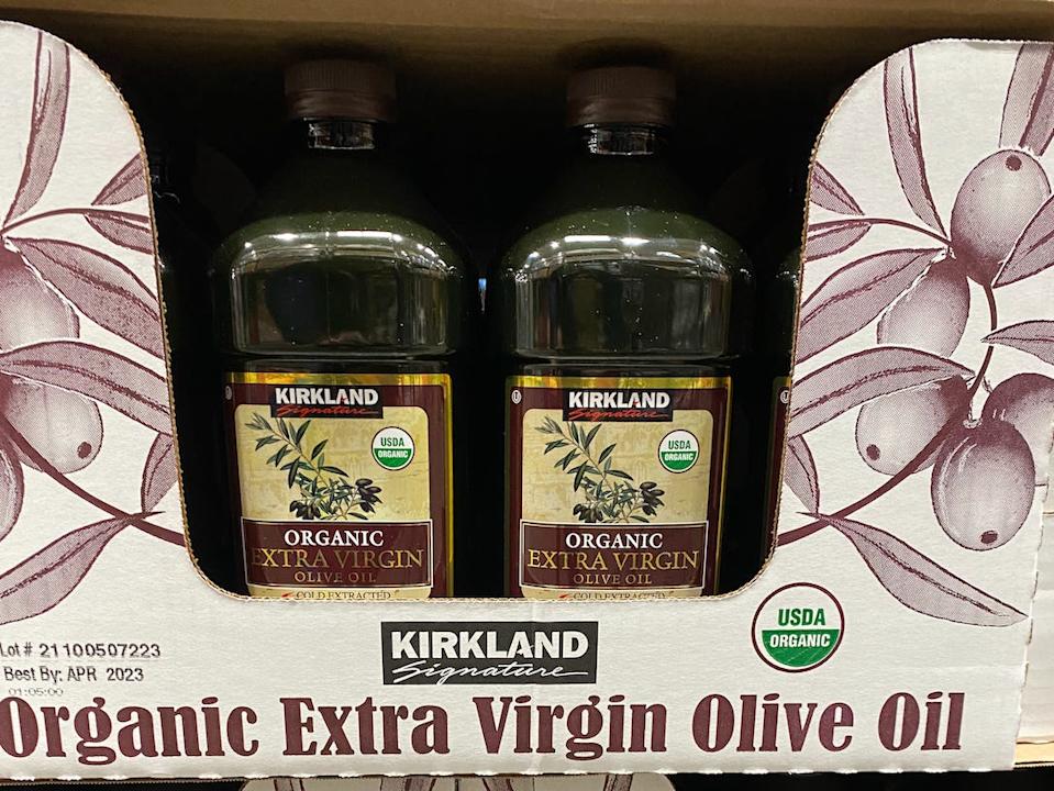 Big bottles of Kirkland extra virgin olive oil at Costco