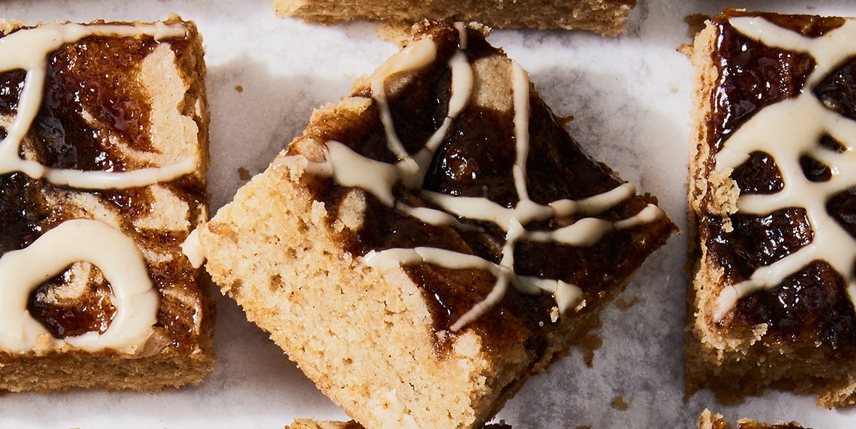 chewy brown sugar blondies with a spiced caramel swirl and creamy espresso chai glaze
