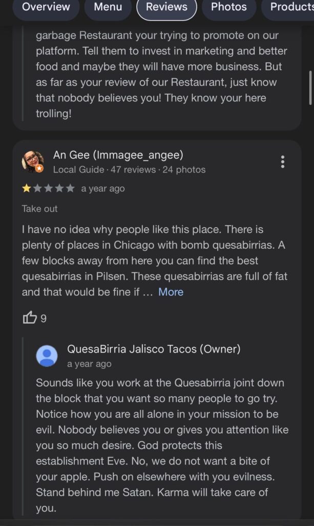 The owner of QuesaBirria Jalisco gets defensive in reviews lol