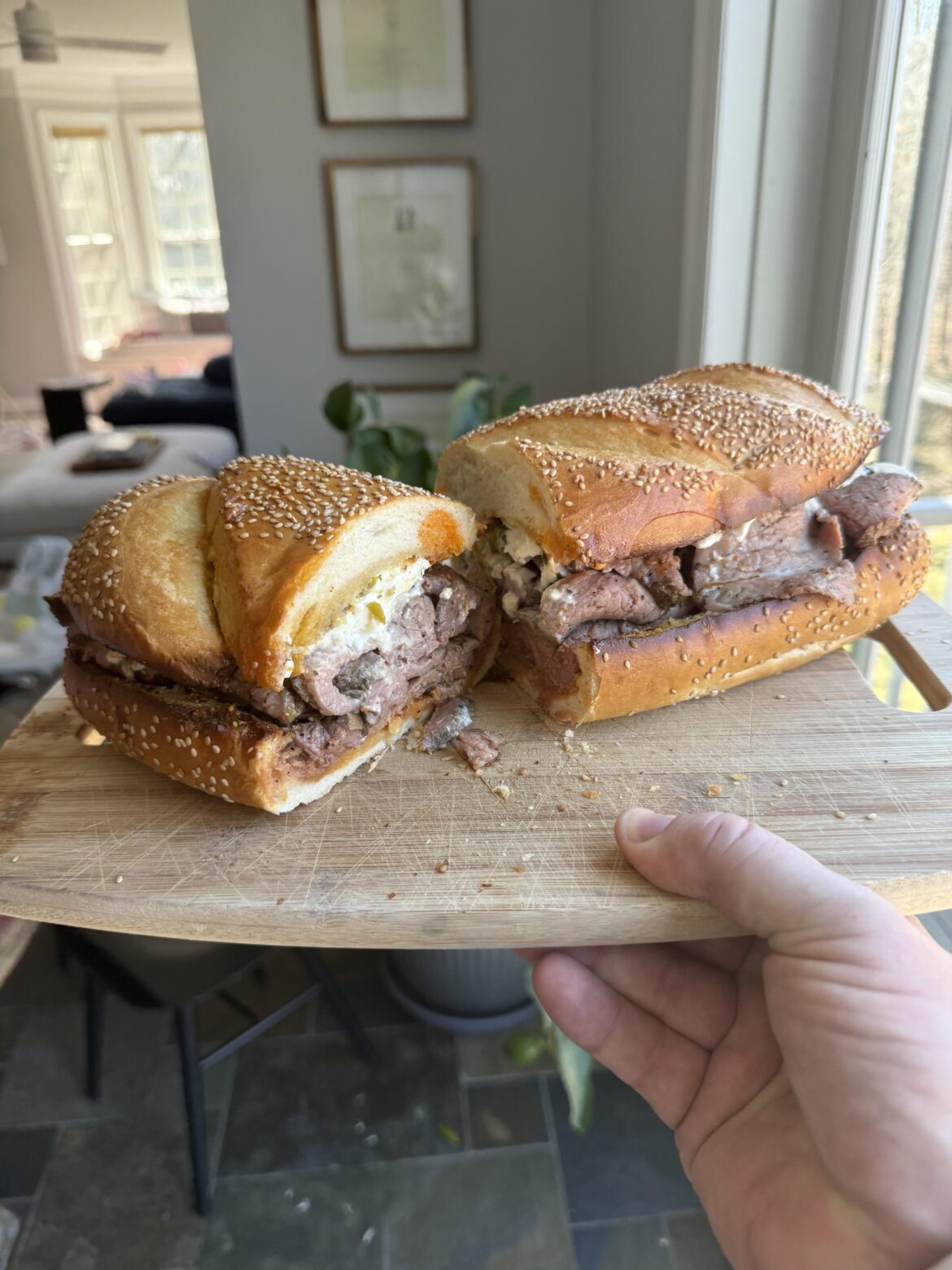 24 hour sous vide eye round with burrata, pickled jalapeño, and spicy garlic bread