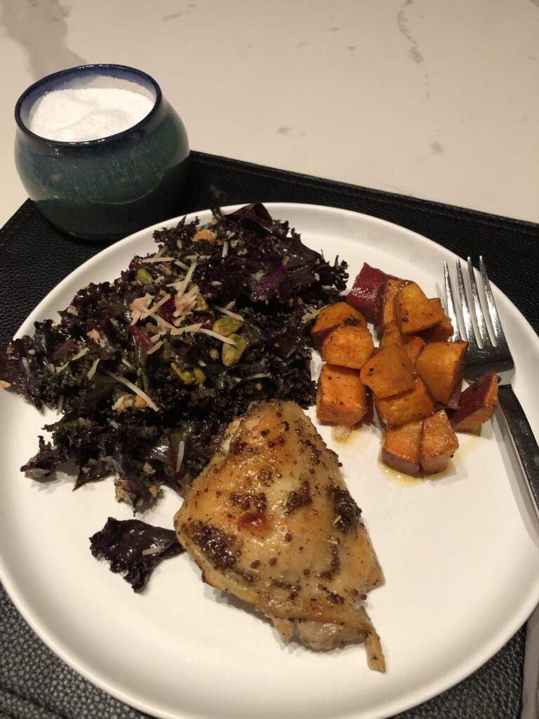 Roasted Chicken Thigh, Kale Salad, Roasted Sweet Potatoes