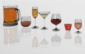 Variety of alcoholic drinks including beer, wine, martini, and a shot 