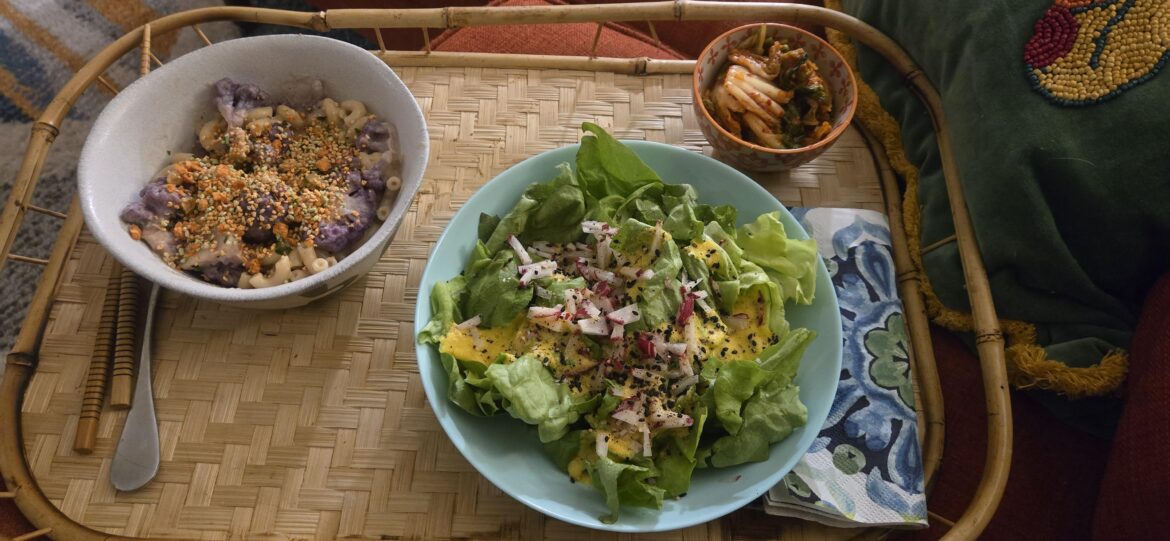 Purple Cauliflower Miso Mac and Cheese and Japanese Ginger dressing salad with side of kimchi.