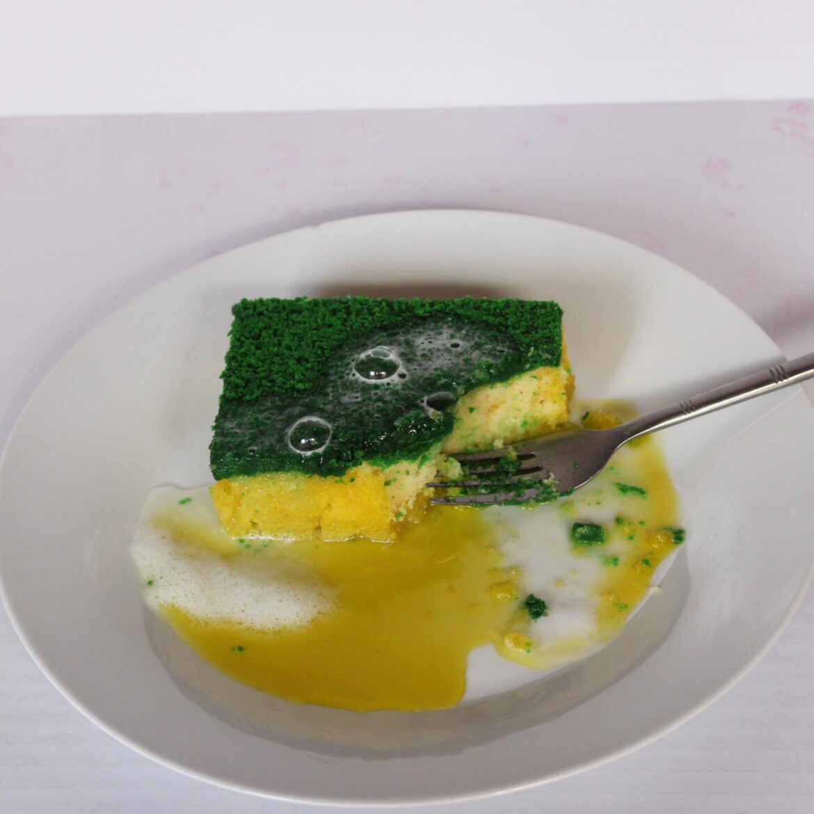 Is is cake? Dishwashing sponge cake. No icing. Just cake with syrup and gel froth.