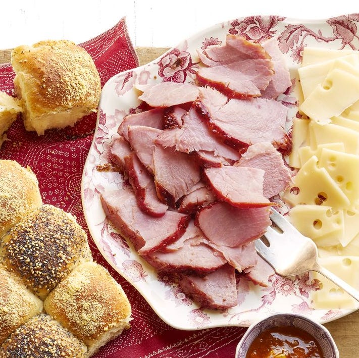 easter brunch honey glazed ham and checkerboard rolls