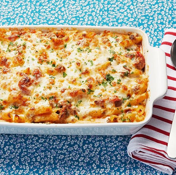 baked ziti blue background with red and white stripes