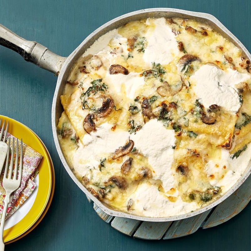 mushroom and kale skillet lasagna with white cheese