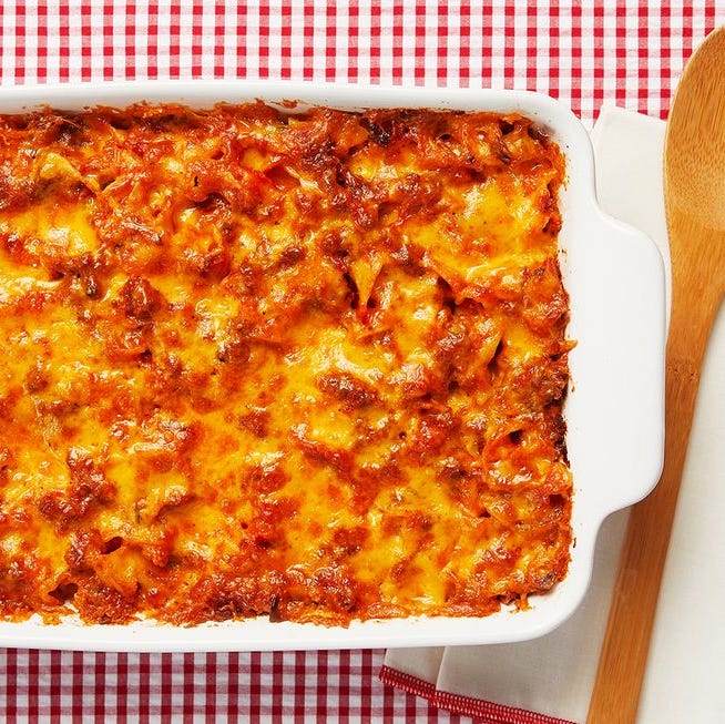 sour cream noodle bake on red and white background
