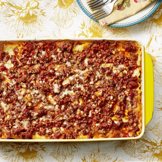 the best lasagna ever in yellow baking dish
