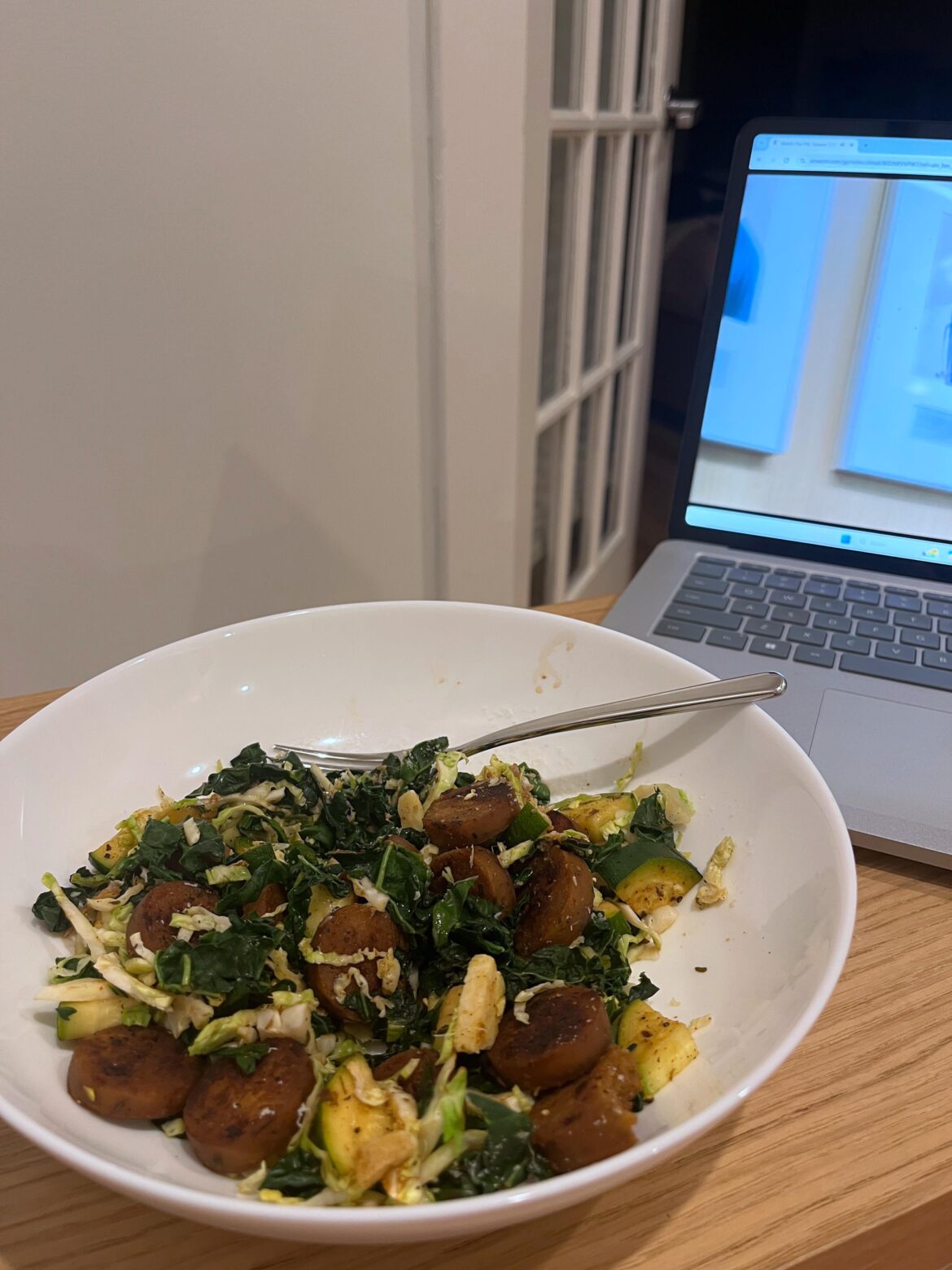 Good struggle meal after a celebratory lunch out.  Shredded kale and Brussels, zucchini, Field Roast veggie sausage and a teeny bit of parm for 260.