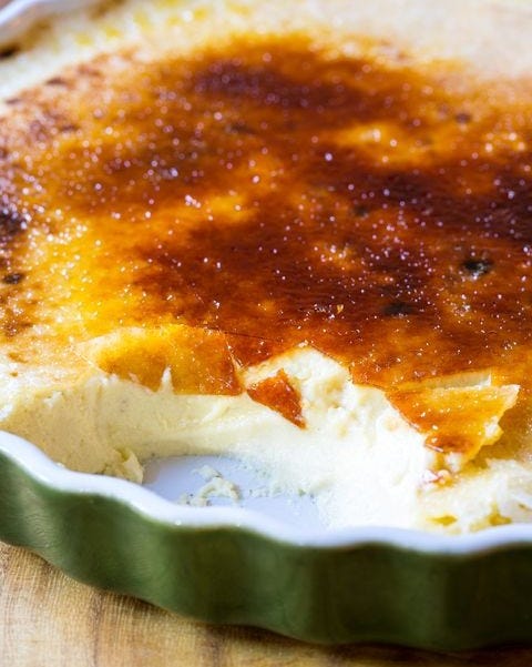 eggnog creme brulee in green pan