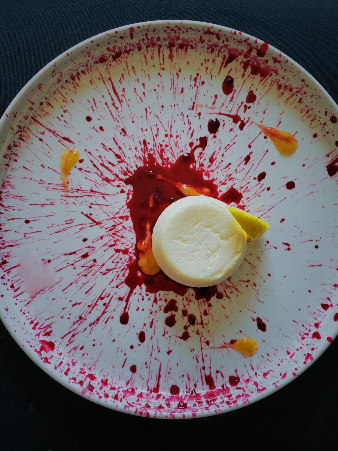 [OC] Lemon Panna Cotta / raspberry sauce / mandarin gel / candied lemon peel