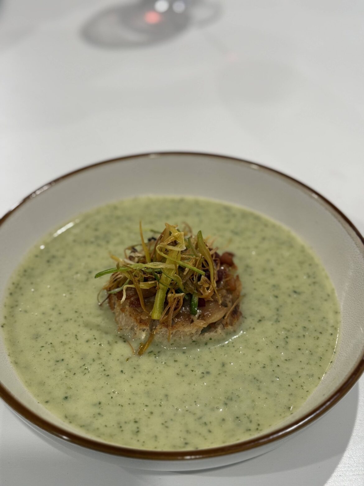 Potato and leek soup. Middle bit is some tartine sour dough, roasted garlic, pancetta and crispy leeks.
