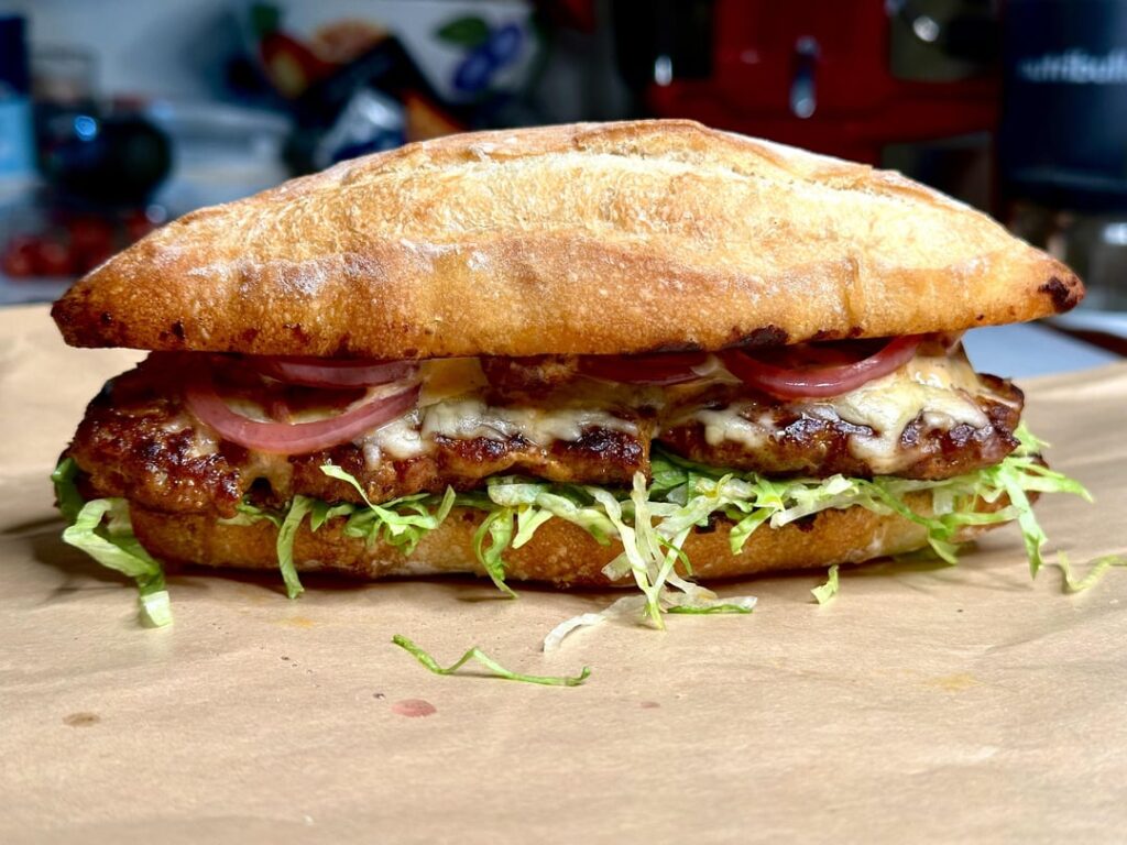 Chorizo sandwich on homemade no-knead roll