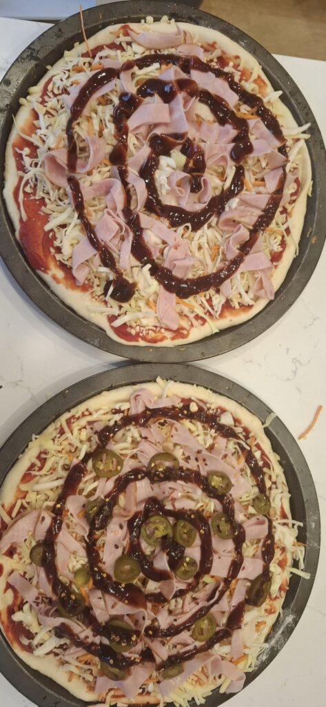 Ham, cheese and coleslaw pizzas! Homemade bases and coleslaw ingredients from my garden.