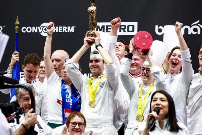 Chef Paul Marcon of France, celebrates winning the Bocuse d'Or 2025 award, during the Grand Final of the Bocuse d’Or gastronomic competition in Chassieu near Lyon, France, January 27, 2025. 