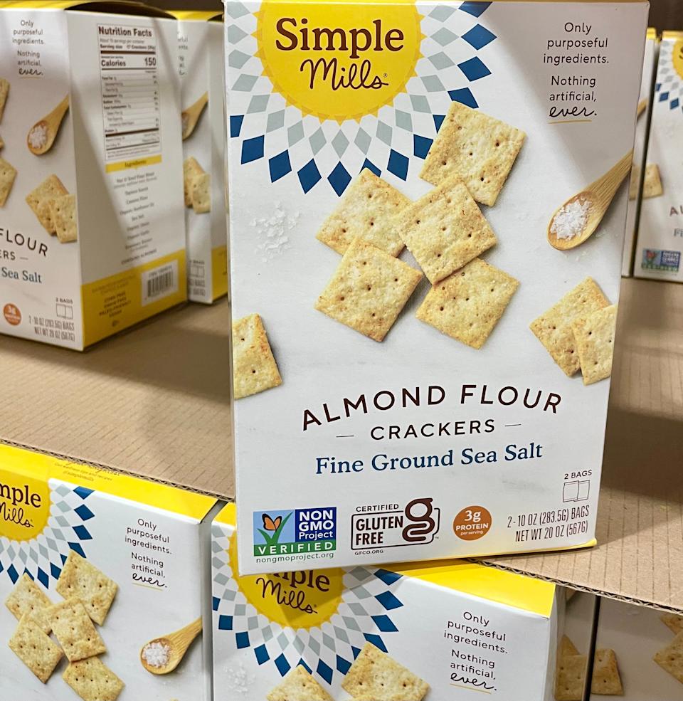 A box of Simple Mills almond-flour crackers with sea salt.